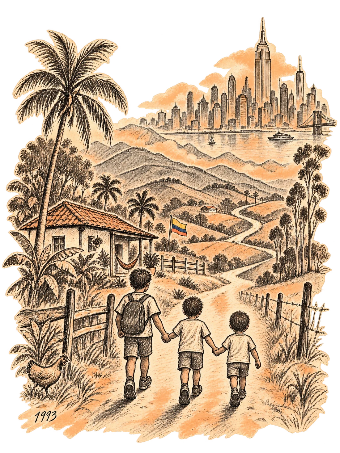 Pencil-and-ink illustration: three brothers walk hand in hand down a dirt road toward a Colombian farmhouse, with the New York skyline on the horizon. 1993.